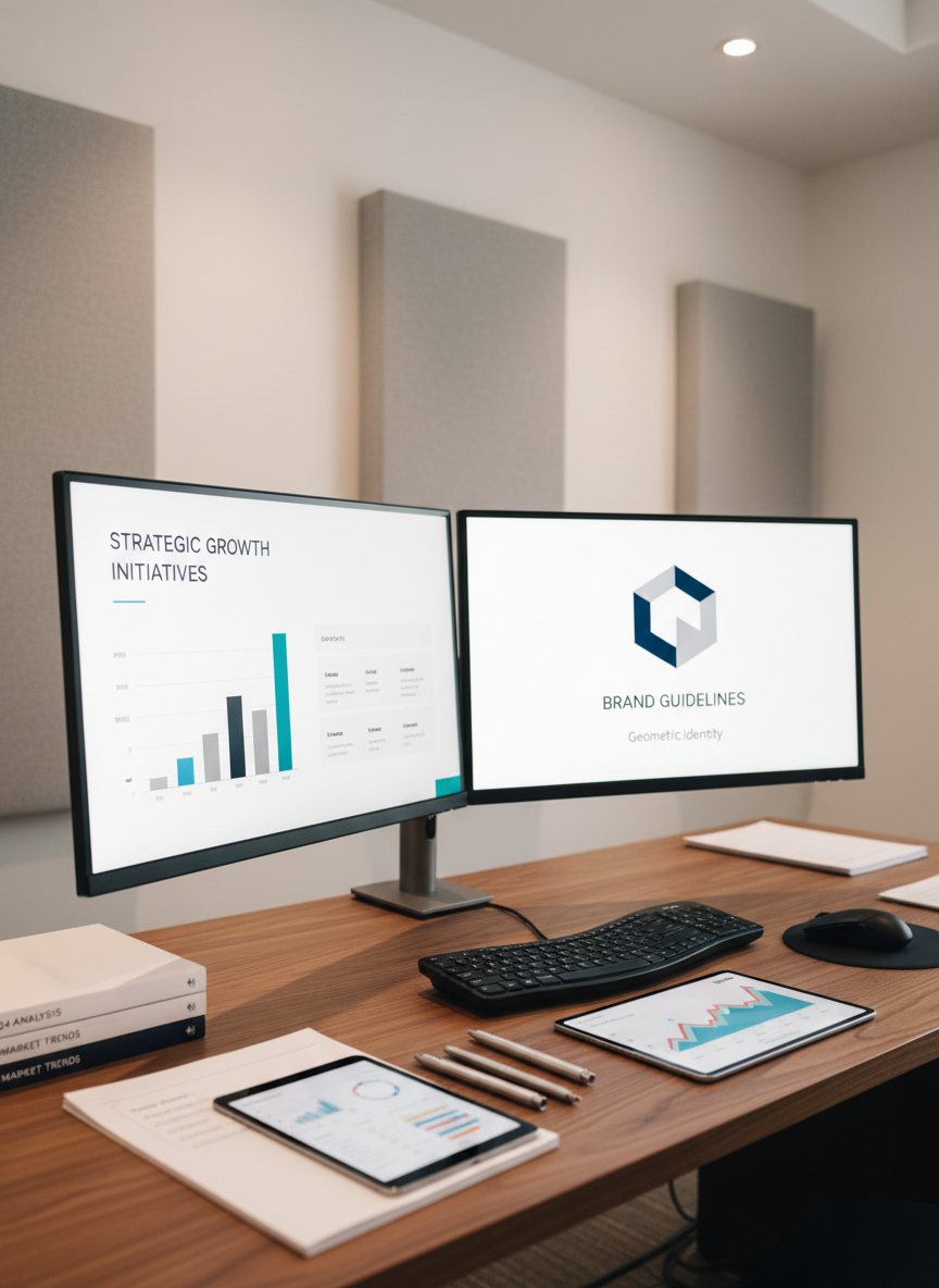 A sophisticated dual-monitor workstation displaying a clean business consulting presentation on one screen and a modern brand style guide on the other, featuring bold geometric logos and a restrained color palette of deep navy, soft gray, and electric teal. The desk is a smooth walnut surface with neatly stacked reports, metallic pens, and a tablet showing analytics graphs. The backdrop is a matte white wall with subtle acoustic panels, implying a quiet consulting environment. Soft overhead lighting and a faint glow from the screens illuminate the scene, producing gentle highlights on metal details. Photographic realism, framed using the rule of thirds with a shallow depth of field, conveys a focused, strategic atmosphere ideal for consulting and brand development services.