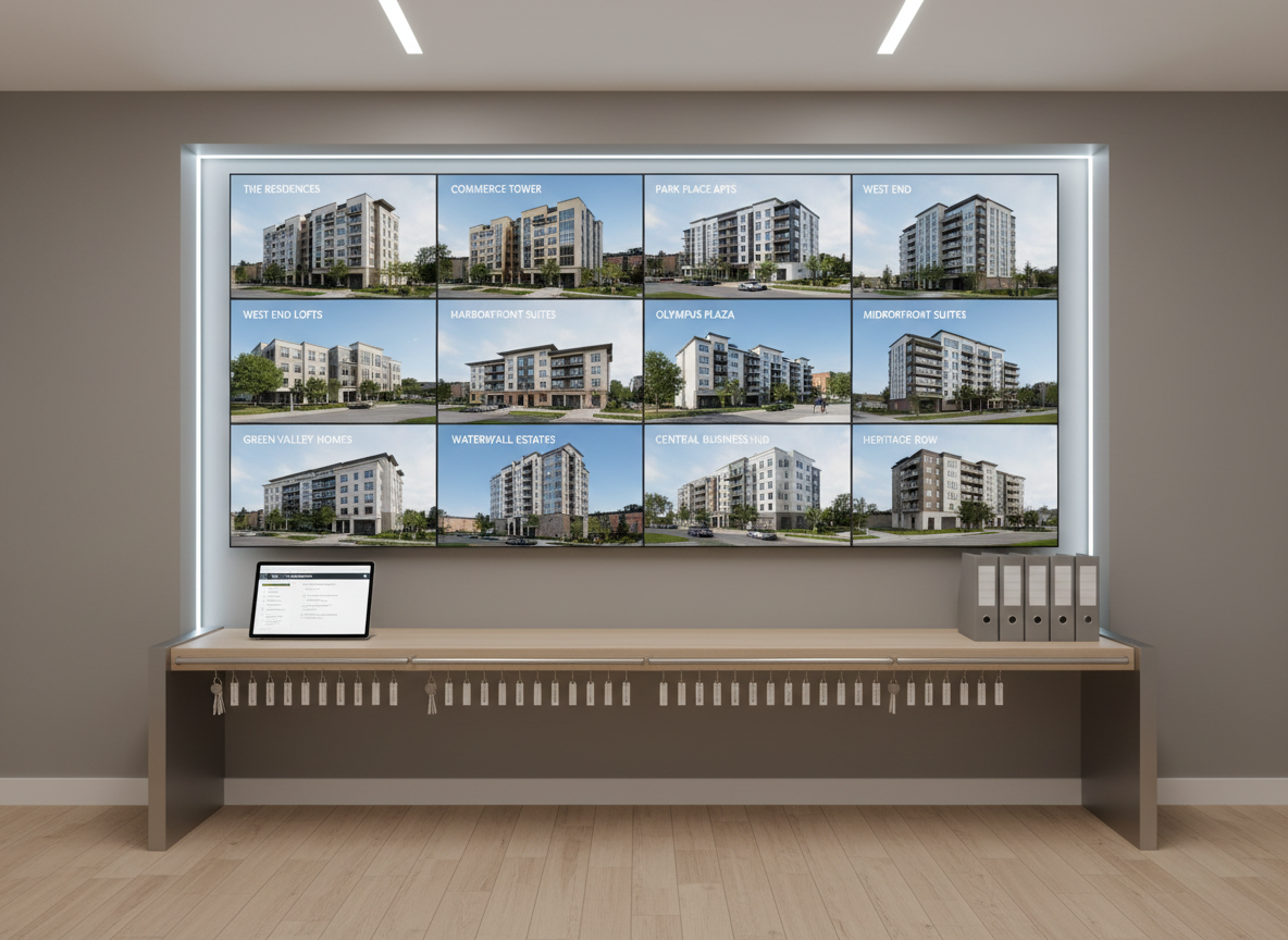 A meticulously maintained property management control center with a large wall-mounted screen grid showing high-resolution exterior shots of multiple residential and commercial buildings, each labeled with minimalist white overlays. Below, a streamlined console features organized key tags on a brushed-steel rail, labeled building binders, and a tablet displaying a maintenance schedule. The room has neutral taupe walls and a pale oak floor, evoking understated professionalism. Cool, indirect LED lighting provides even illumination with soft, barely-there shadows for a very clean photographic aesthetic. Captured straight-on at eye level, with strong horizontal lines and crisp detail, the mood is reliable, orderly, and reassuring—perfect for visualizing comprehensive, technology-driven property management services.